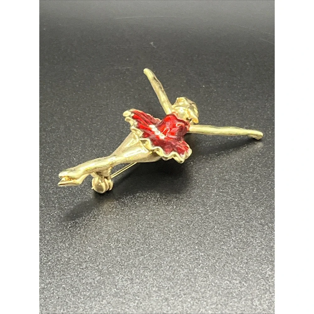 Ballerina Pin Brooch Gold-Tone & Deep Red w/ Rhinestone 2